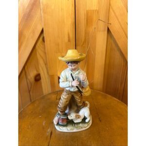 Vintage UOGC porcelain boy with straw hat and dog figurine Korea 7.5" (5548)